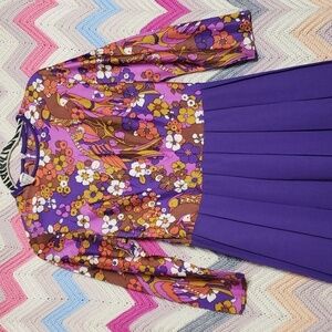Vintage purple floral and peacocks pleated long sleeve dress